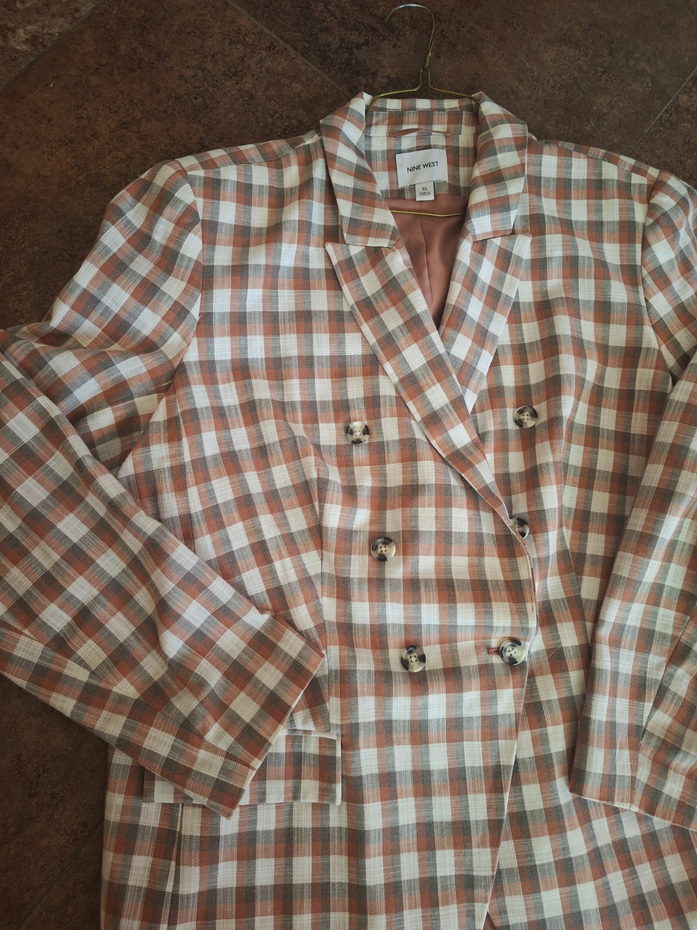 Nine West Women's Double-Breasted Plaid Blazer in Rust & Cream XL